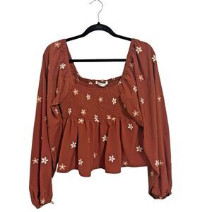 Altar’d State Rust Crop Babydoll Smocked Long Sleeve Daisy Top M Peasant Boho